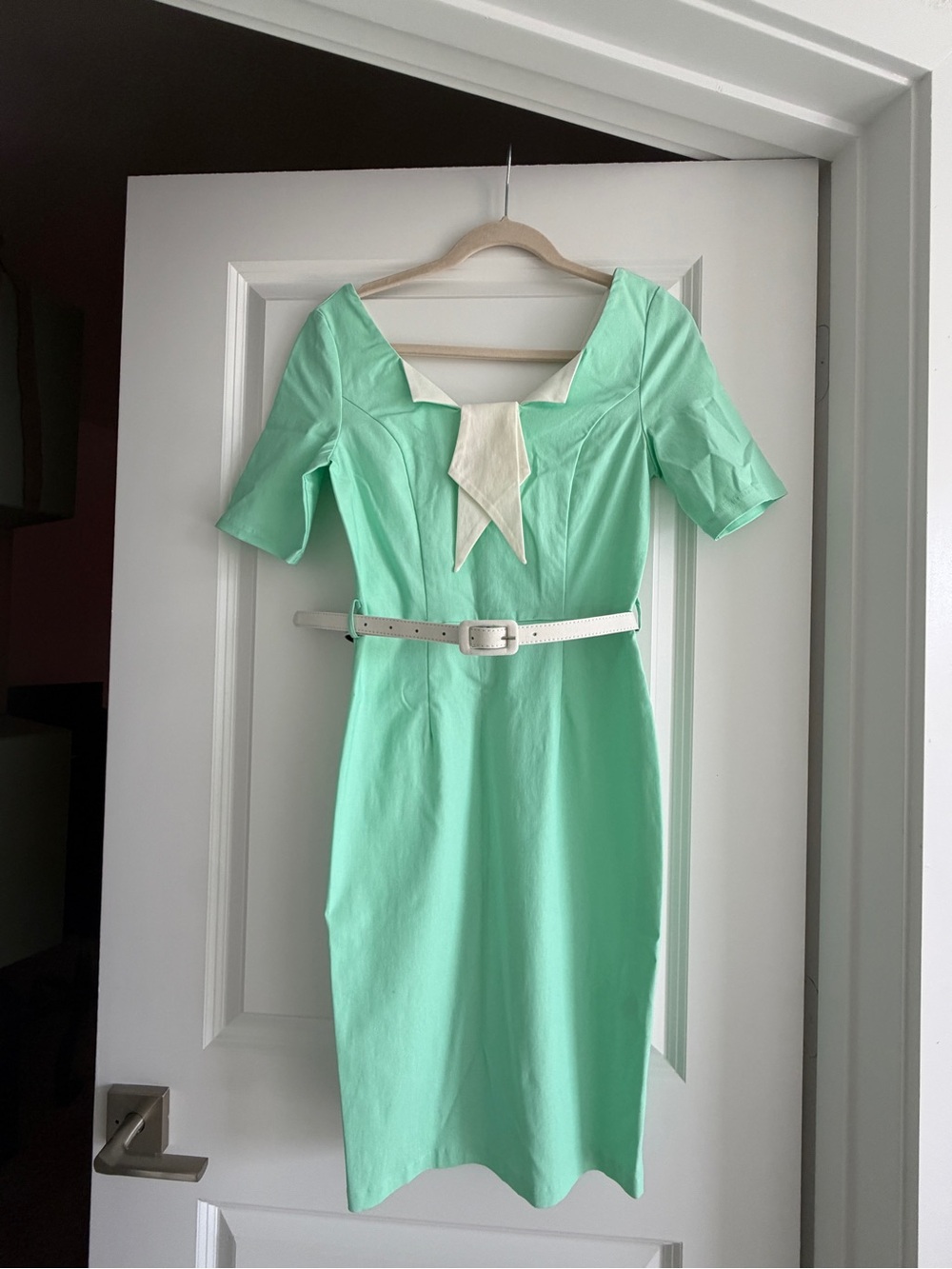 Mint Green Midi Dress with Ivory Bow and Belt